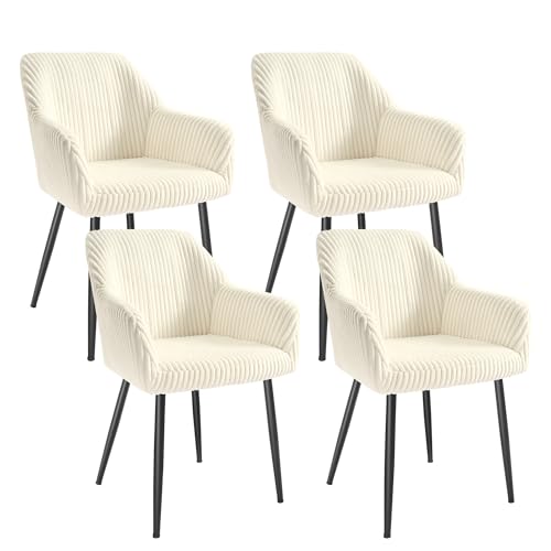 SONGMICS Lot de 4 Chaises Salle à Manger, Chaises de Cuisine, en Velours Côtelé, Rembourrées, Accoudoirs, Charge Max. 120 kg, Pieds en Métal, pour Salle à Manger, Blanc Crème et Noir Mat LDC087WD01-4J