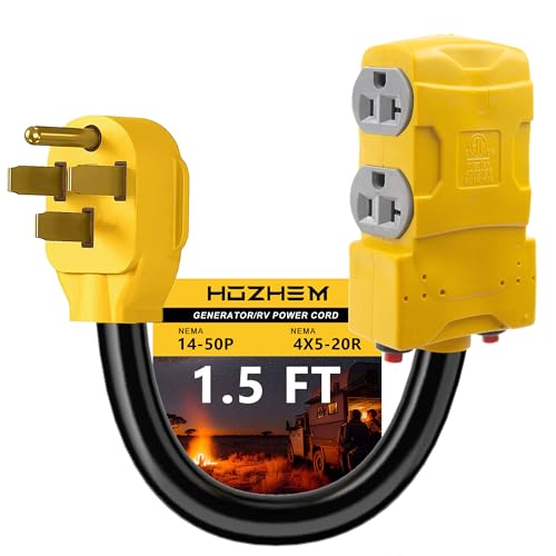 HOZHEM 50 Amp to 20 Amp 110V RV Distribution Adapter NEMA 14-50P to 4 X 5-20R/15R RV Generator Adapter 4-Prong to Mutiple Household Outlet w/ 20amp Circuit Breaker 1.5FT