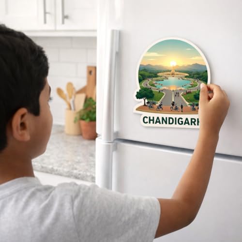 Image of Naxon Chandigarh City Souvenir Wooden Fridge Magnet | Rock Garden, Sukhna Lake Landmark Design 3x3 Inch Refrigerator Magnet for Kitchen & Home Decor | Travel Gift from Chandigarh | Pack of 1