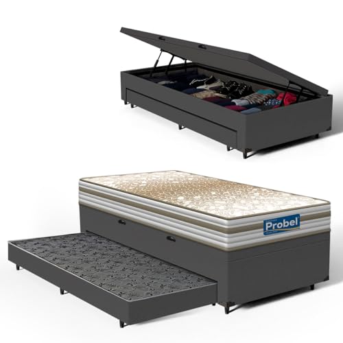 Cama Box Baú com Auxiliar + Colchão de Molas Ensacadas Double Face Pillow Euro Alfa Probel Auxiliar 88cm (Cinza)