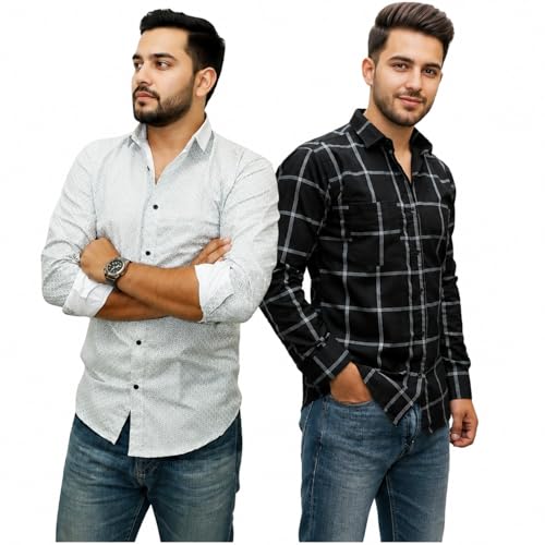 Image of Pack of 2 Men's Cotton Fabric Button Down Full Sleeve Collar Neck Regular Fit Check & Dotted Printed Combo Shirt