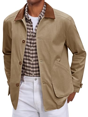 Runcati Mens Lightweight Jackets Button Down Casual Cotton Barn Jacket Vintage Military Fall Outwear with Pockets Khaki