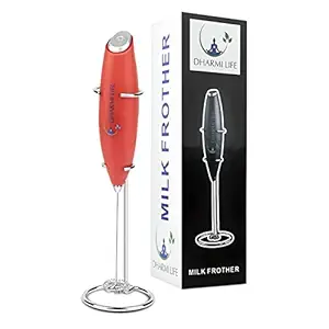 Dharmi Life Milk Frother Handheld. Battery Operated Electric Foam Maker for Coffee, Hot Chocolate, Latte, Cappuccino. Stainless Steel Stand Included (RED)