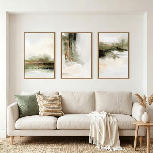 Image of KAIRNE Green Abstract Neutral Framed Canvas Wall Art Set,Modern Watercolor Shapes Wall Decor,Minimalist Pastel Art Prints,Brown Gray Tan Artwork for Living Room,Bedroom,Farmhouse,Office-16 x24 x3