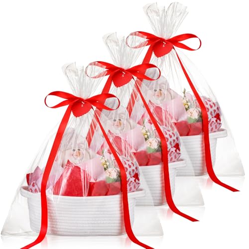 Pickmesh 30 Pcs 3 Set Valentines Day Gift Basket Small Woven Basket with Gift Bags Tissue Paper Label and Ribbons Clear Cellophane Bags Tags for Valentines Day Holiday Birthday Party Supplies