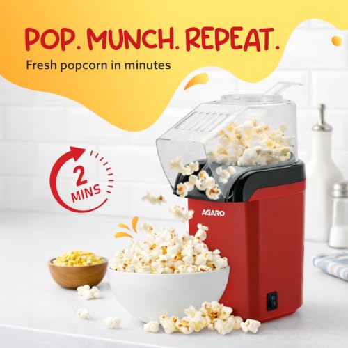 Image of AGARO Delite Electric Popcorn Maker, 1200W Hot Air Popper, Oil-Free Healthy Snacks for Kids in 2 Minutes, 90% Popping Rate, Measuring Cup Included, Family Party, 1 Year Replaceable Warranty
