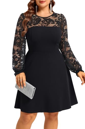 Image of Plus Size Cocktail Dress - Lace Wedding Guest Party Crew Neck Short A Line Dresses Women
