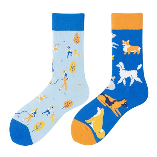 NxnChc Calcetines Divertidos Unisex para Mujer y Hombre con Diseños Asimétricos en Par   Temas Perros Mascotas y Humanos Animales, Comida, Fruta, Deporte y Arte en Algodón   Ideal para Regalos