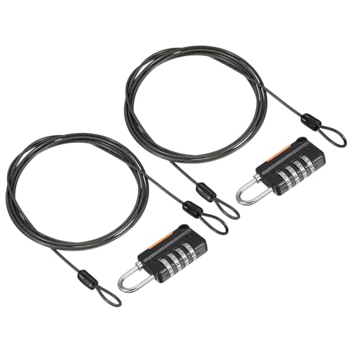 Image of PATIKIL Security Steel Cable with 4 Digit Combination Lock, 2 Set 6.6Ft Coated Safety Wire Rope Double Loop Padlock for Outdoor Travel Luggage, Black
