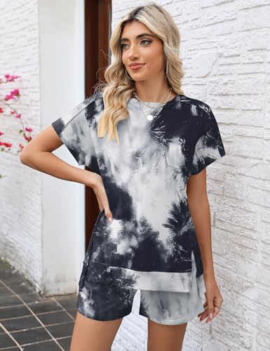 Image of LOMON Womens Fashion 2 Piece Outfits Sweatsuits 2026 Summer Short Sleeve Loungewear Tracksuit Round Neck Lounge Shorts Sets