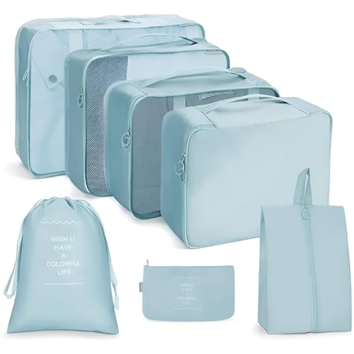 Image of 7-Pcs Travel Organizer Lightweight Packing Cubes - Cosmetics Luggage Storage Bags for Clothes, Shoes, Toiletries & Laundry | Space Saver Travel Pouches for Suitcase & Backpack (Blue)