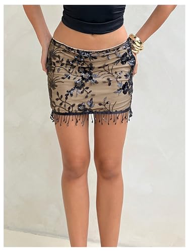 MakeMeChic Women's Party Sequin Floral Mini Skirt Sparkly Low Waist Fringe Bodycon Skirts4