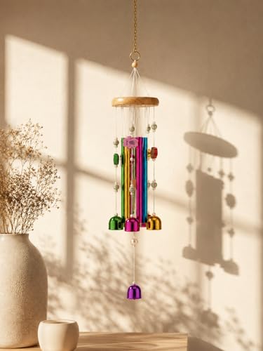 Image of Decorative Wind Chime for Home | Wooden House with Bells Colourful Beads | Positive Energy Balcony Living Room Hall Garden Home Decor (Multicolor)
