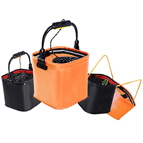 バッカン バケツ 水汲み 折りたたみ iTakt コンパクト メッシュカバー付きロープ5m【20cm 8L/22cm 10L/24cm 12L 1年間製品保証】 (オレンジ（取手付き）, 24)