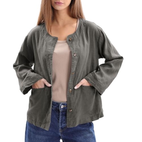 Image of Amazhiyu Women's 100% Linen Long Sleeve Button Up Crew Neck Lightweight Cardigan