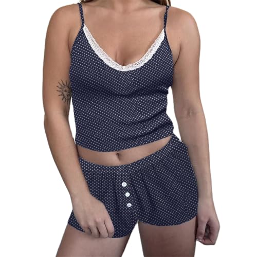 Image of Yuemengxuan Women Two Piece Outfits Y2k Boy Shorts Set Sleeveless Crop Top Button Down Shorts Set Loungewear Pajamas Set