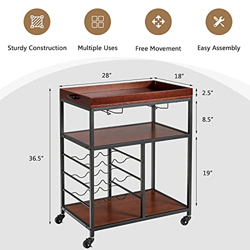 Costway Kitchen Rolling Island Cart, With 9-Bottle Wine Racks & Glass Holders, Utility Beverage Cart Trolley With Lockable Wheels For Home Kitchen, Wooden And Metal Frame, Rustic Brown #TOP5