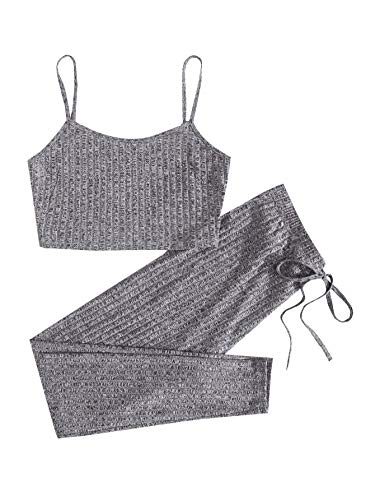 Verdusa Women's 2 Piece Outfits Ribbed Crop Cami Top and Leggings Set Tracksuit Grey XS