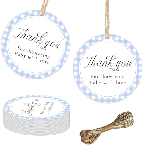 50 Étiquettes Merci Vichy Bleu avec Cordelette pour Cadeaux de Baby Shower