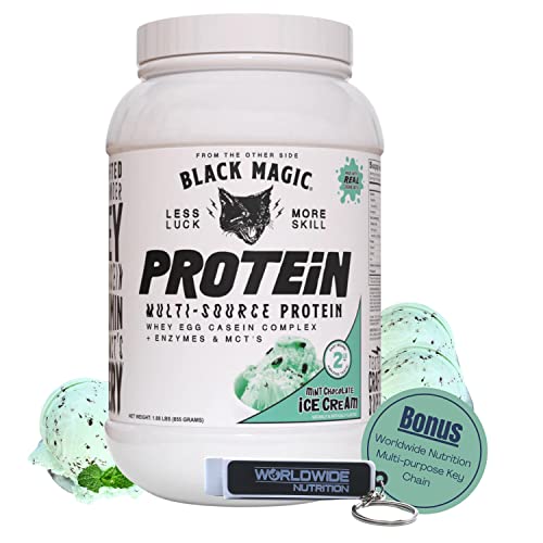 Worldwide Nutrition Black Magic Multi-Source Protein Powder - Whey, Egg Albumin Enzymes, Micellar Casein & Mcts - Muscle Mass Gaining - Mint Chocolate Flavor - 2 Lb With Bonus Multi Purpose Key Chain #TOP24