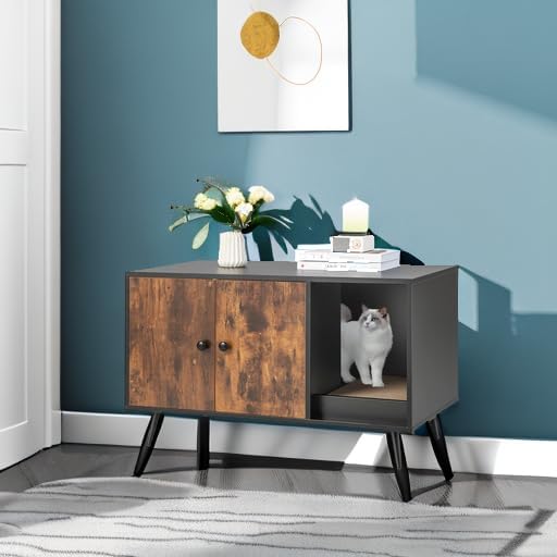 Miniatura 5 de Tangkula Caja de arena para gatos, baño para gatos con división, almohadilla para rascar, pata de metal, gabinete cerrado para mascotas con puertas