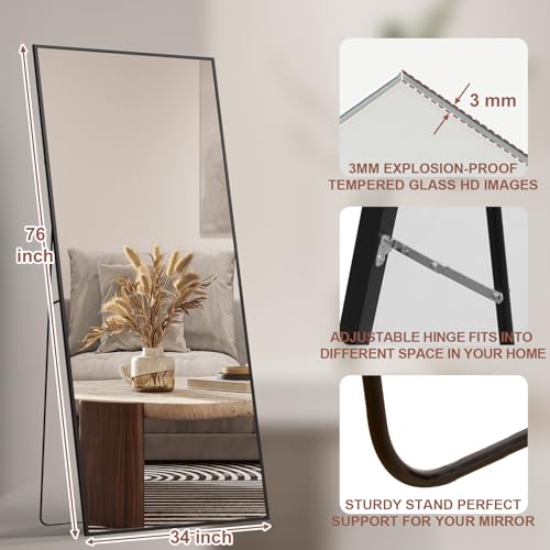 Full-Length Mirror,Super-Large Floor Mirror,with Bracket,Full-Length Mirror,Aluminum Alloy Whole-Body Mirrors,Tilt for The Living Room, Bedroom.(Black)