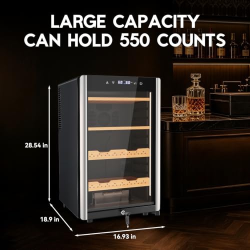 Image of Tylza Humidor Cabinet 70L, Temp & Humidity Control Electric Humidors, 550 Counts, Digital Hygrometer, Safety Lock, Dual Warm Light, Humidors with Spanish Cedar Wood Drawer & Shelves, Gifts for Men