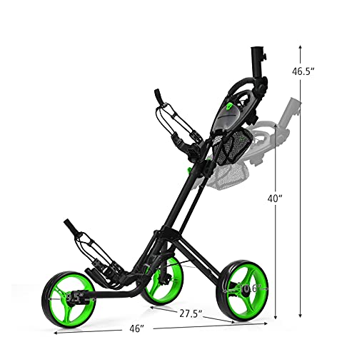 Tangkula Golf Push Pull Cart, Lightweight Folding 3 Wheels Golf Push Cart, Golf Trolley W/Storage Bag & Beverage Holder, Foot Brake, Adjustable Umbrella Holder, 4 Height Position Handle (Green) #TOP4