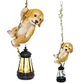 ZaaYee Solar Hanging Dog Statue, Outdoor Resin Golden Retriever Dog Figurine with LED Lights, Puppy Animal Ornament for Garden, Fence, Porch, Patio, Yard Decor, Dusk to Dawn Auto On/Off