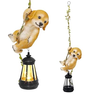 ZaaYee Solar Hanging Dog Statue, Outdoor Resin Golden Retriever Dog Figurine with LED Lights, Puppy Animal Ornament for Garden, Fence, Porch, Patio, Yard Decor, Dusk to Dawn Auto On/Off