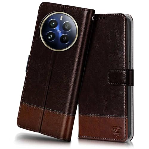 Image of Flipped Vegan Leather Flip Case Back Cover for Realme 12 Pro 5G | Realme 12 Pro Plus 5G (Flexible, Shock Proof | Hand Stitched Leather Finish | Card Pockets Wallet & Stand | Coffee with Brown)