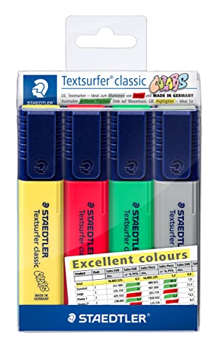 Staedtler Textsurfer Classic, Surligneurs de haute qualité aux couleurs d'Excel, Pointe biseau de 1 à 4 mm, Étui plastique avec 4 surligneurs assortis, 364 CWP4-X