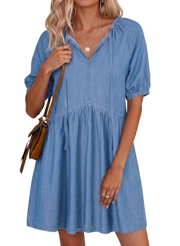 Dokotoo Denim Dresses for Women 2026 Trendy V Neck Lightweight Spring Jean Dresses Casual Womens Short Puff Sleeve Babydoll Summer Mini Dress with Tie Dusk Blue Small