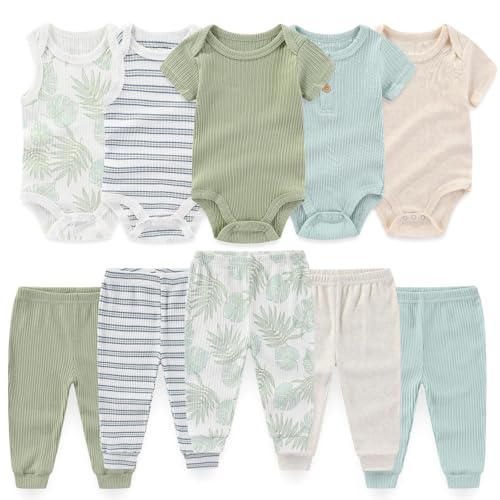 Image of falianni Baby Boy Girl 10 Piece Combined Type Clothing Set Cotton Baby Bodysuits and Pants Set Home Outdoor Infant Clothes