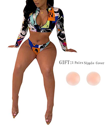 SIAEAMRG Rash Guard Long Sleeve Swimsuit for Women, 2 Pieces Sexy High Waisted Triangle Bikini Bathing Suits, 7D Print Tankini Swimwear (C-Blue, XL (US 14-16))