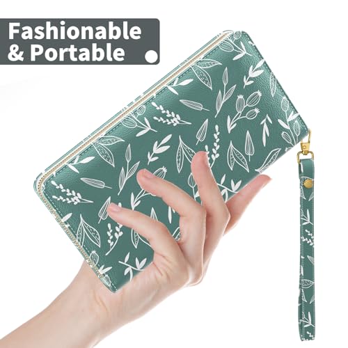 Image of Nipichsha Womens Wallet, RFID Wristlet Wallet for Women, Cute Ladies Purse, Large Card Clutch Purse with Phone Holder, Morandi Green Leaf