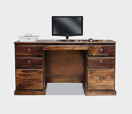 Image of Sheesham Wood Wooden Study Writing Desk Table for Office | Laptop Computer Table with 6 Drawers Storage for Home and Office | Sheesham Solid Wood Study Table,Teak