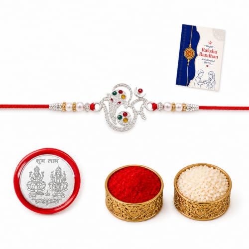 Image of Oblivion Rakhi For Brother - Elegant Stylish God Designer Rakhi with Beads and Silver Colour Pooja Coin, Tilak Set & Greeting Card - Traditional Raksha Bandhan Combo for Bhai