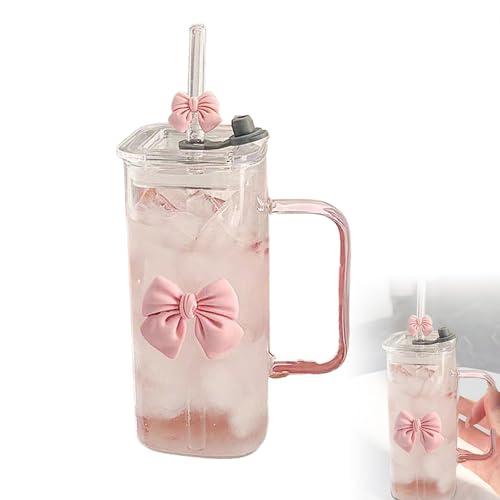 Square Transparent Glass Cup with Bow, Mug with Lid, Glass Straw and Handle, Delicate High and Low Temperature Resistant Cup for Milk Juice Coffee, Tea Cups for Home, Office, Dining Room (1pc)