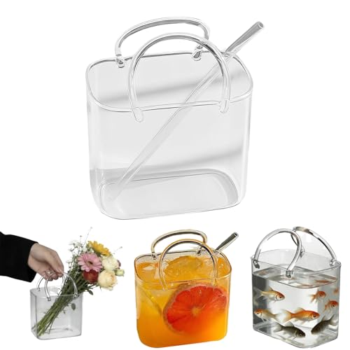 Glass Purse for Drinks - 26oz Purse Drinking Glass with Straw Unique Handbag-Shaped Wine Glasses for Juice Tea Flowers Creative Gift for Women(1pcs)