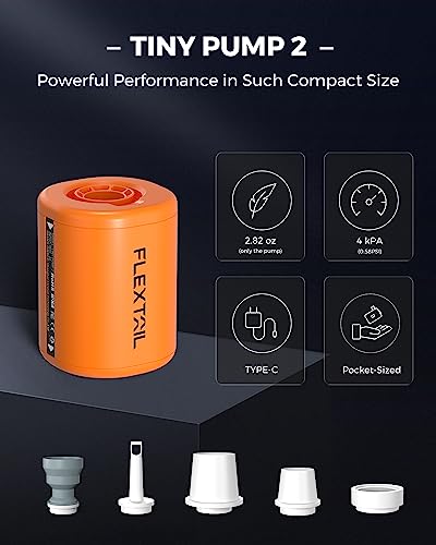 FLEXTAILGEAR TINY PUMP 2/2X, Pompa Elettrica Portatile da Campeggio, Pompa Sottovuoto, 4 kPa(180 L/min) Pressione e Portata Elevate, 5 Ugelli Multifunzione per Letto ad Aria, Sacchetto Sottovuoto