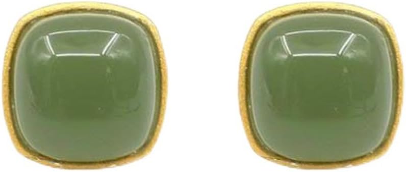 18K Gold Plated Green Jade Stud Earrings – Minimalist Square Natural Stone Earrings for Women