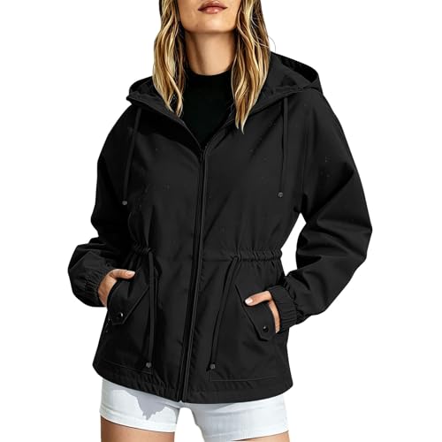 Slxbear Chaqueta impermeable ligera para mujer, ligera, impermeable, color sólido, duradera, funcional, cortavientos, con cremallera, con cordón, manga larga, con bolsillos, para exteriores, A negro