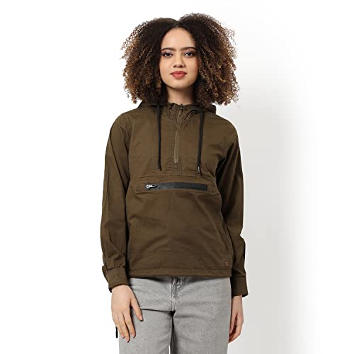 Image of Campus Sutra Women's Olive Green Solid Utility Jacket With Cuffed Sleeves For Casual Wear | Hooded Neck | Long Sleeve | Zipper Closure | Cotton Jacket Crafted With Comfort Fit For Everyday Wear