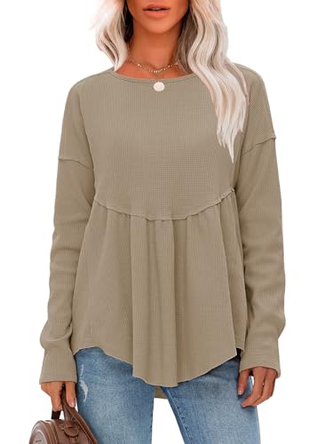 EXLURA Waffle Knit Long Sleeve Shirts for Womens Crewneck Loose Babydoll Tunic Tops Maternity Tops Fall Fashion 2025 Clothes