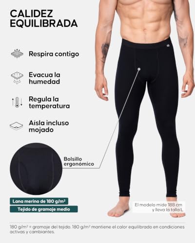 Miniatura 2 de Danish Endurance Pantalones Térmicos De Lana Merino Hombre, Leggings Térmicos, Capa Base, Con O Sin Abertura Frontal Negro Xxl