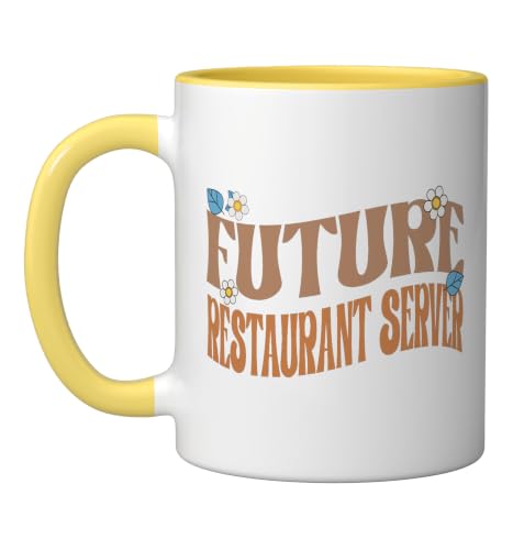 Melanated Afro Future Restaurant Server Ceramic Mug, Yellow/White, 11oz