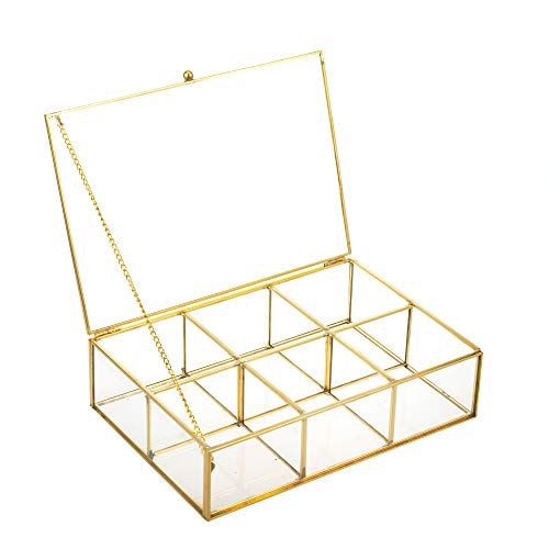 Feyarl Gold Clear Glass Box Metal Jewelry Trinket Shadow Box Tea Bags Box Countertop Collection Display Case Holder 6 Compartment Decorative Makeup Organizer With Lid #TOP6
