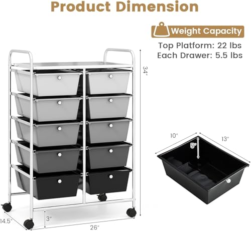 Image of LDAILY 10 Drawer Rolling Cart, Storage Cart Organizer on Wheels, Drawer Cart with Metal Frame & Large Storage Capacity, Rolling Cart with Drawers for Living Room Classroom, Office