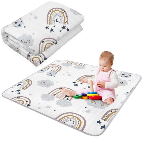 Image of Funtery 43 x 43 Inch Boho Baby Play Mat Portable Crawling Washable Foldable Tummy Time Non Slip Baby Floor Large Playpen Mat for Infants Toddlers Floor Playpen Activity(Gray Boho Rainbow)